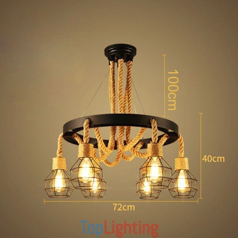 Retro Style 6 Heads Pendant Light Hemp Rope Chandelier With Iron Lampshade