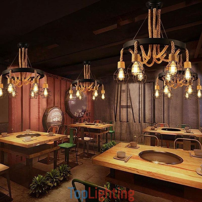 Retro Style 6 Heads Pendant Light Hemp Rope Chandelier With Iron Lampshade