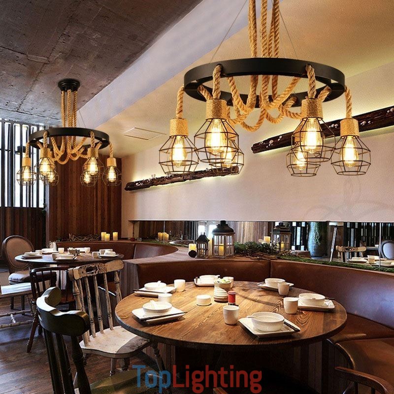 Retro Style 6 Heads Pendant Light Hemp Rope Chandelier With Iron Lampshade