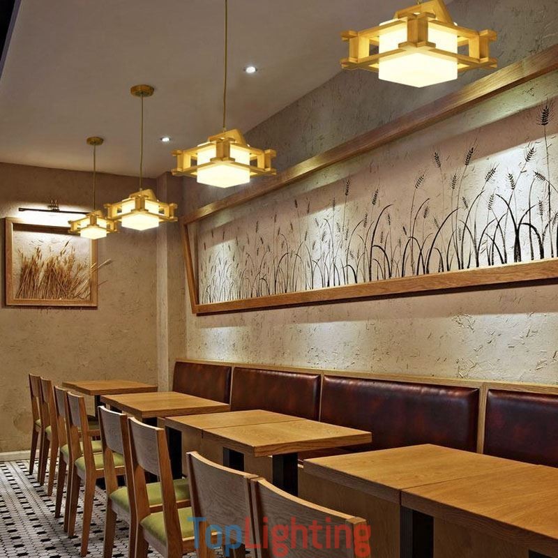 Nordic Style Oak Pendant Lamp with Frosted Glass Lamp Shade Cafe