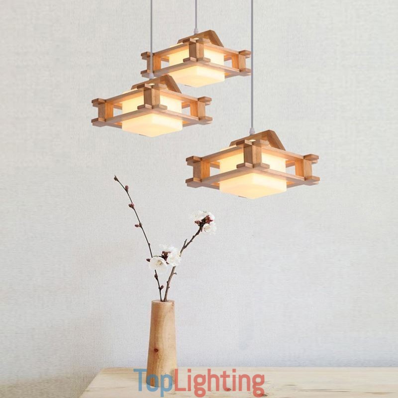 Nordic Style Oak Pendant Lamp with Frosted Glass Lamp Shade Cafe