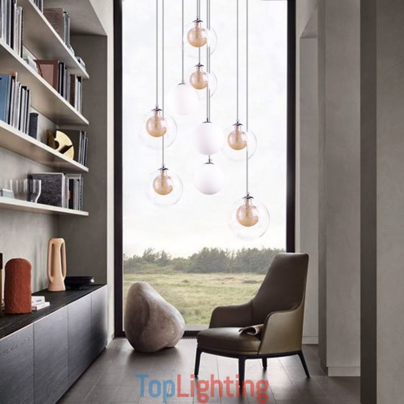 Pendant Light Glass Cluster Ceiling Light Gold Nickel Brushed+Milky Glass Ball