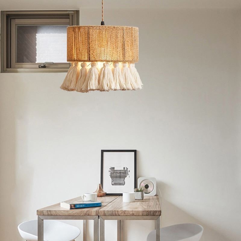 Hemp Rope Pendant Light Retro Decoration Ceiling Light Tassel Lamp Shade