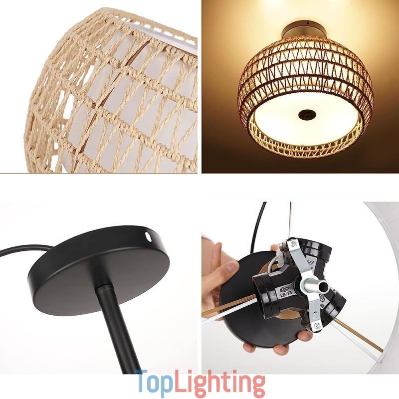 Paper Rope Fabric Flush Mount 32cm Round Lampshade 3 Lights