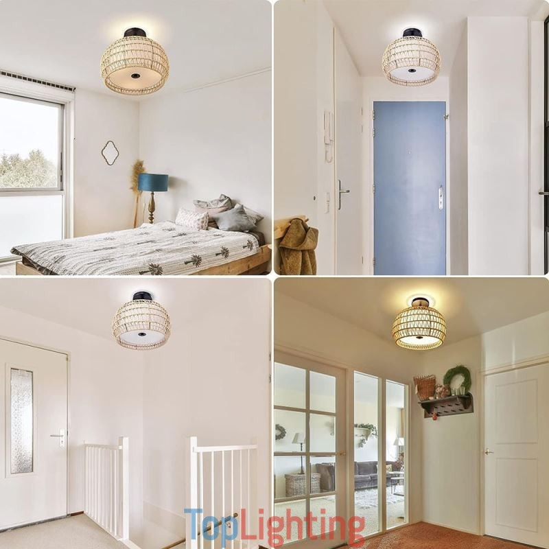 Paper Rope Fabric Flush Mount 32cm Round Lampshade 3 Lights