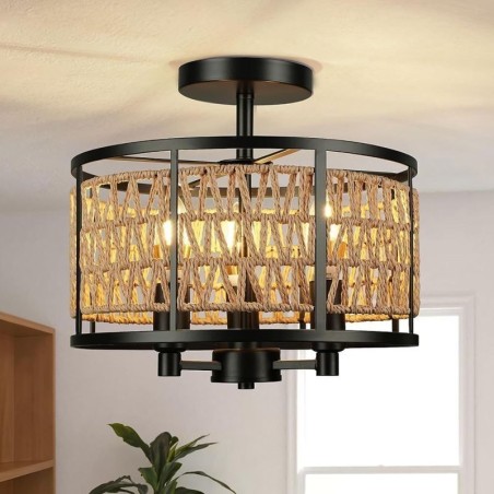 Retro Ceiling Light Black Iron Paper Rope Ceiling Lamp 3 Lights Retro Ceiling Light Black Iron Paper Rope Ceiling Lamp 3 Lights