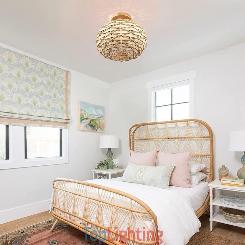 Wood Color Pumpkin Flush Mount Paper Rope Rattan Woven Lampshade