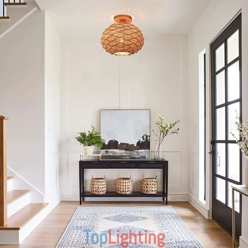 Wood Color Pumpkin Flush Mount Paper Rope Rattan Woven Lampshade