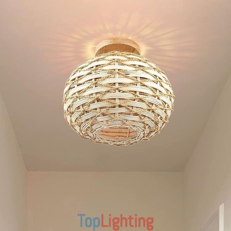 Wood Color Pumpkin Flush Mount Paper Rope Rattan Woven Lampshade