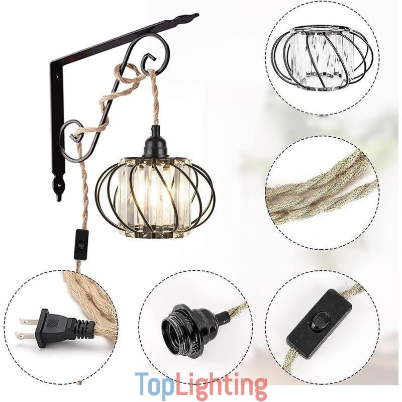 Retro Country Ceiling Light Hemp Rope Iron Bedside Pendant Light With Plug