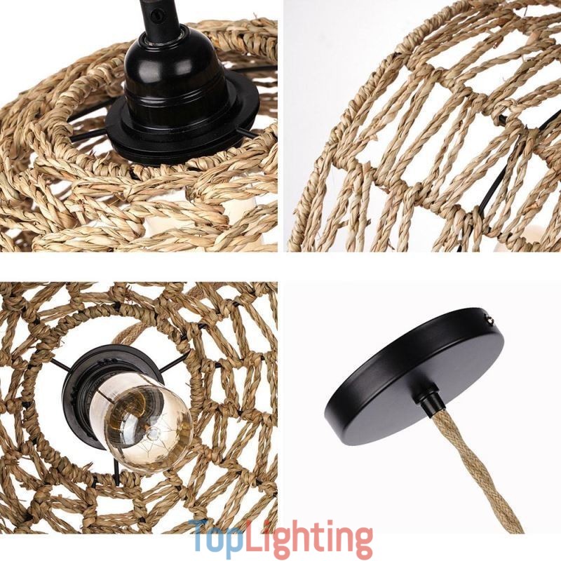 Country Retro Pendant Light Hand Woven Paper Rope Lampshade 30cm
