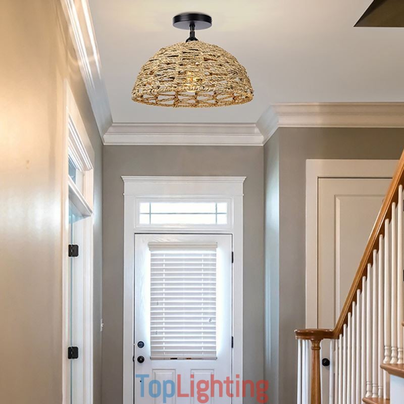 Country Retro Pendant Light Hand Woven Paper Rope Lampshade 30cm