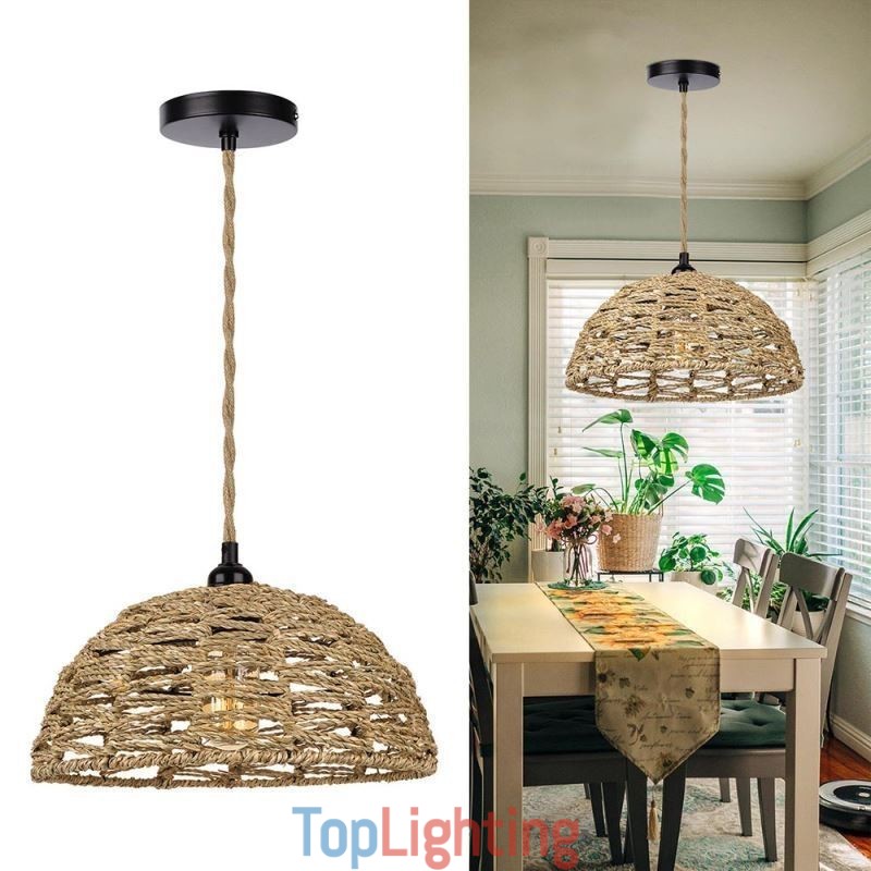 Country Retro Pendant Light Hand Woven Paper Rope Lampshade 30cm