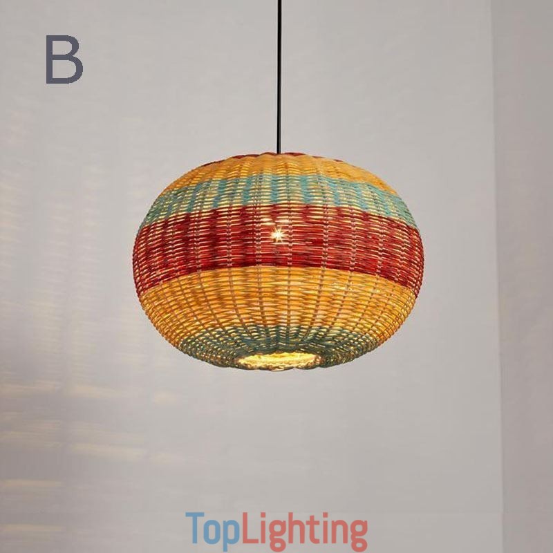 Bamboo And Rattan Pendant Light Colorful Striped Interval Handwoven Lamp Shade Ceiling Lamp
