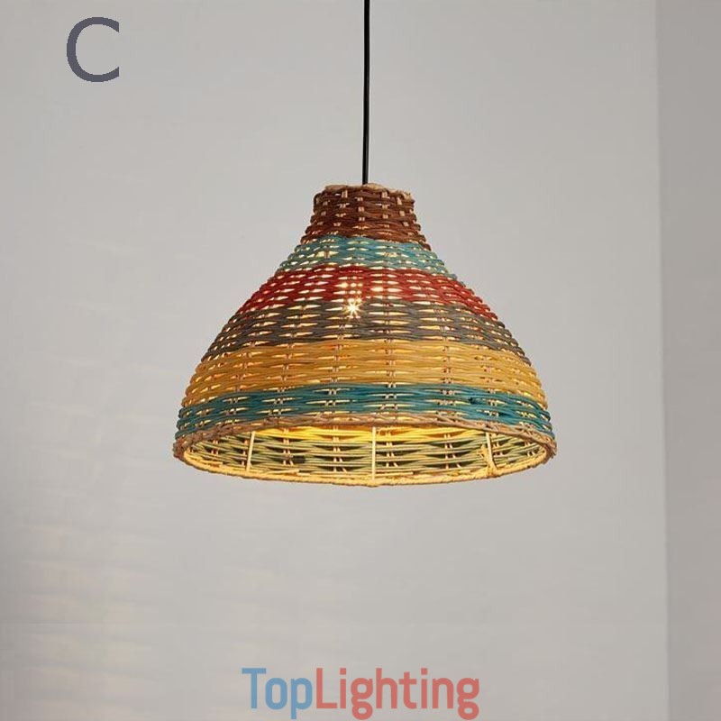 Bamboo And Rattan Pendant Light Colorful Striped Interval Handwoven Lamp Shade Ceiling Lamp