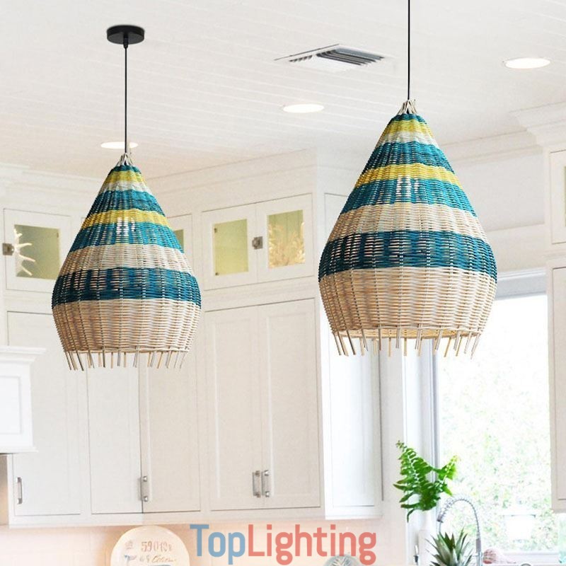 Bamboo And Rattan Pendant Light Striped Interval Handwoven Lampshade Ceiling Lamp