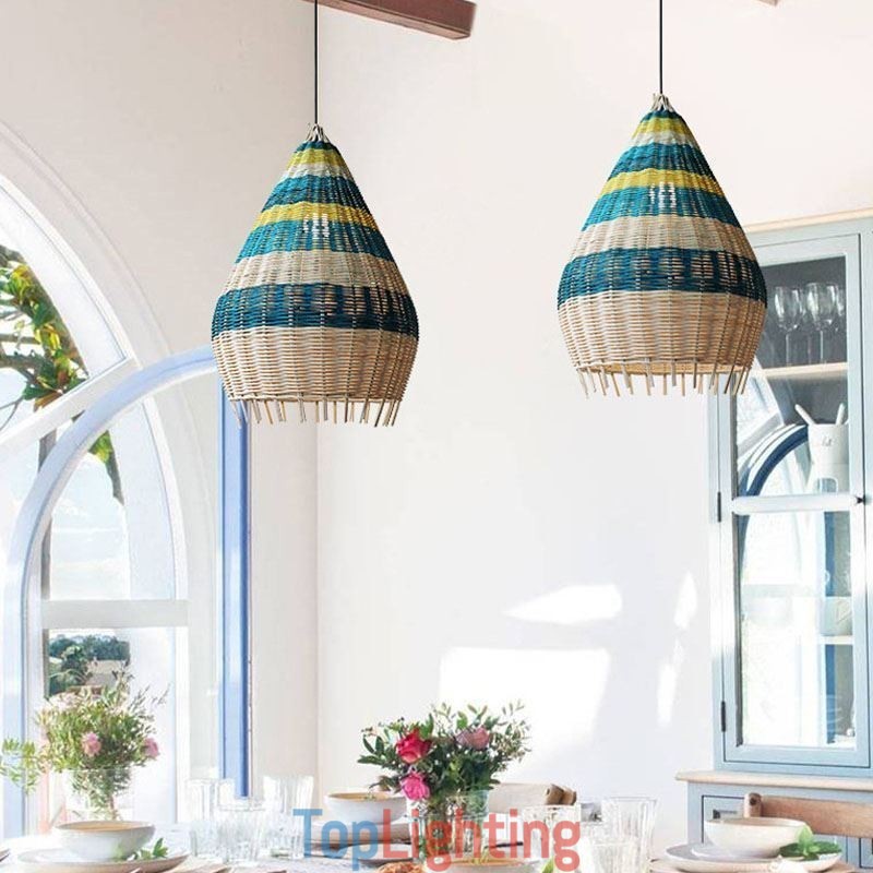 Bamboo And Rattan Pendant Light Striped Interval Handwoven Lampshade Ceiling Lamp