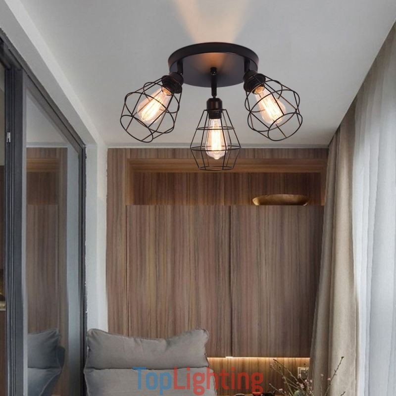 Industrial Flush Mount Ceiling Light Fixture 3 Light Metal Cage Ceiling Lamp