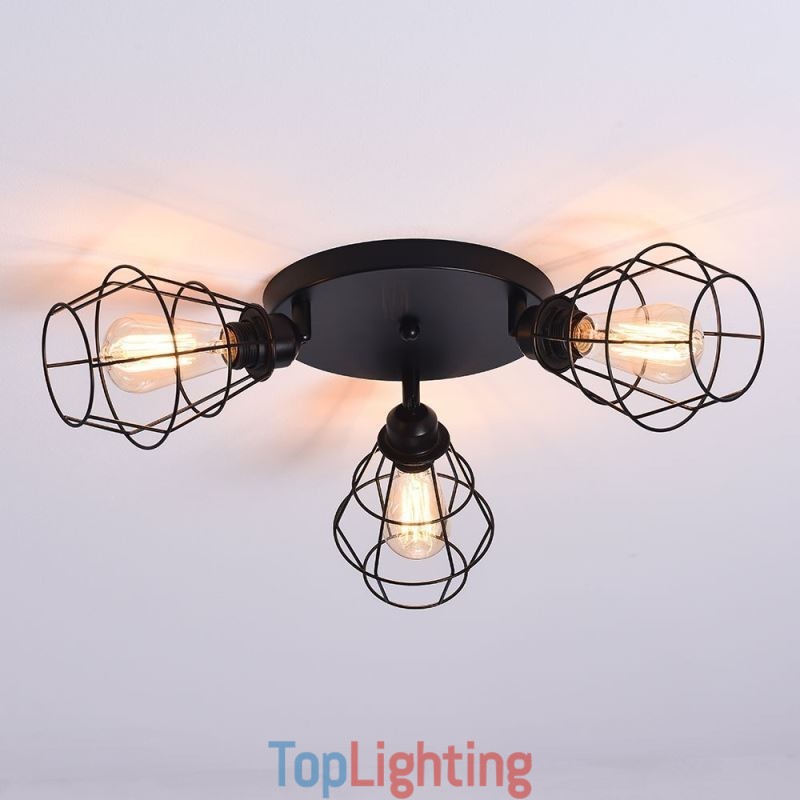 Industrial Flush Mount Ceiling Light Fixture 3 Light Metal Cage Ceiling Lamp