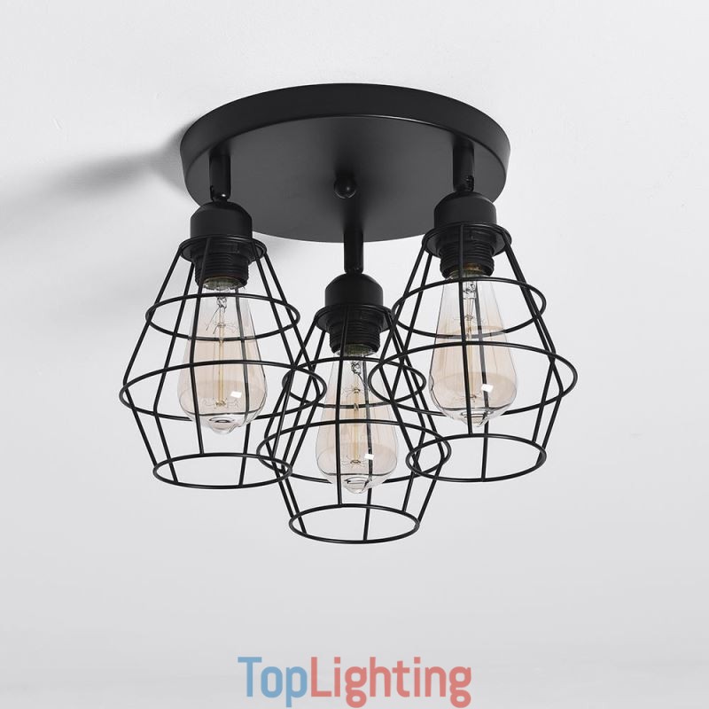 Industrial Flush Mount Ceiling Light Fixture 3 Light Metal Cage Ceiling Lamp