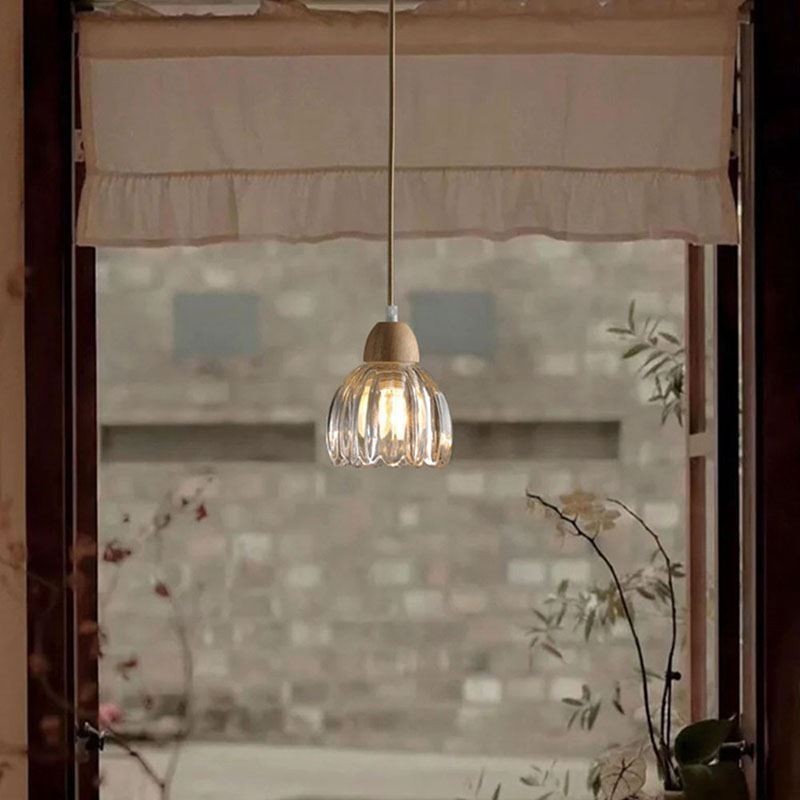 Glass Pendant Light Retro Pastoral Style Island Ceiling Light Rubber Wood Decorative Lamp
