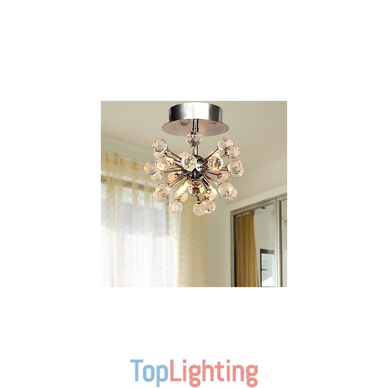 Modern Contemporary Crystal Mini Style Chrome Metal Chandelier Flush Mount