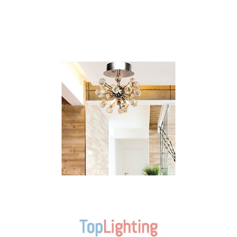 Modern Contemporary Crystal Mini Style Chrome Metal Chandelier Flush Mount