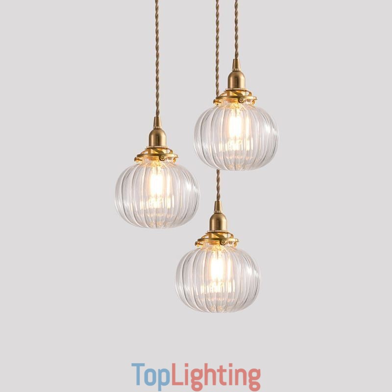 Glass Pendant Light Clear Round Ribbed Pumpkin Shape Lamp 1 Light