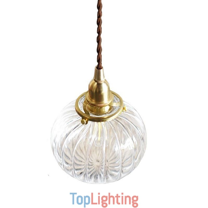 Glass Pendant Light Clear Round Ribbed Pumpkin Shape Lamp 1 Light