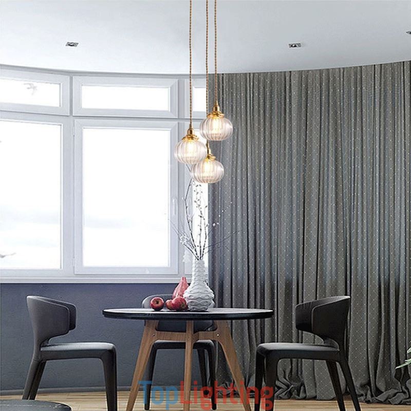 Glass Pendant Light Clear Round Ribbed Pumpkin Shape Lamp 1 Light