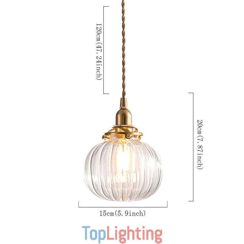 Glass Pendant Light Clear Round Ribbed Pumpkin Shape Lamp 1 Light