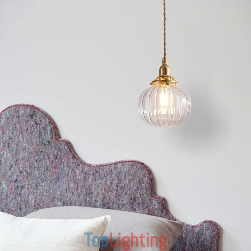 Glass Pendant Light Clear Round Ribbed Pumpkin Shape Lamp 1 Light
