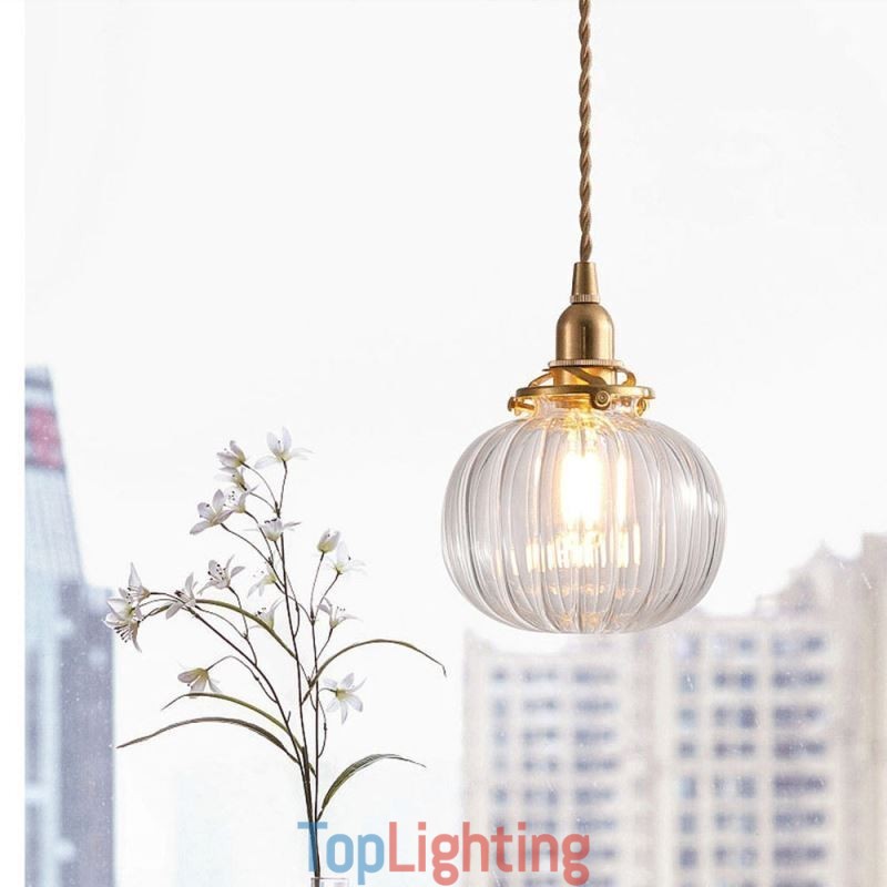 Glass Pendant Light Clear Round Ribbed Pumpkin Shape Lamp 1 Light