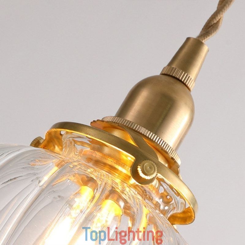 Glass Pendant Light Clear Round Ribbed Pumpkin Shape Lamp 1 Light