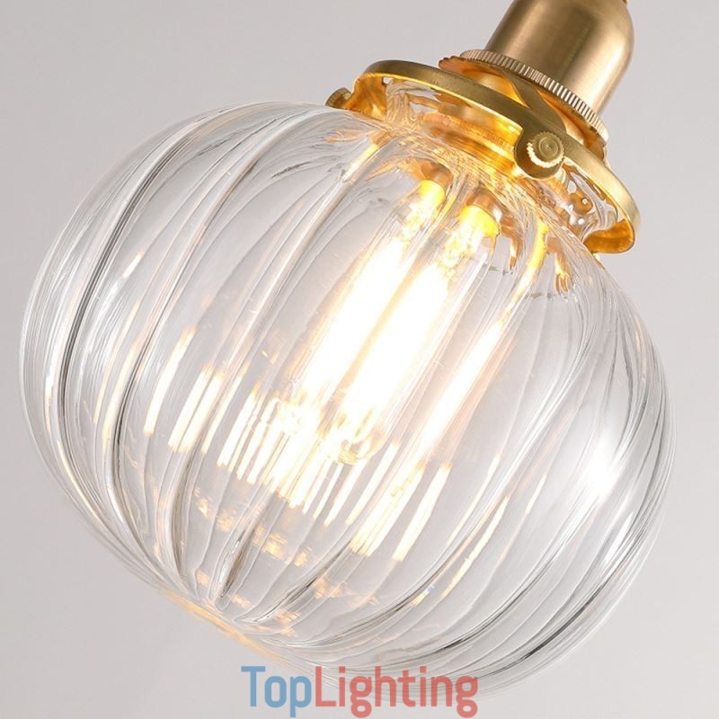 Glass Pendant Light Clear Round Ribbed Pumpkin Shape Lamp 1 Light