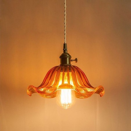 Vintage Colorful Ribbed Glass Pendant Light Flower Shade Lamp With Twist Switch Light Vintage Colorful Ribbed Glass Pendant Light Flower Shade Lamp With Twist Switch Light