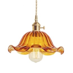 Vintage Colorful Ribbed Glass Pendant Light Flower Shade Lamp With Twist Switch Light