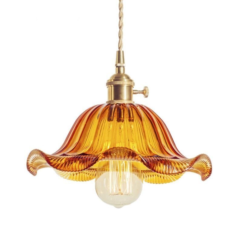 Vintage Colorful Ribbed Glass Pendant Light Flower Shade Lamp With Twist Switch Light