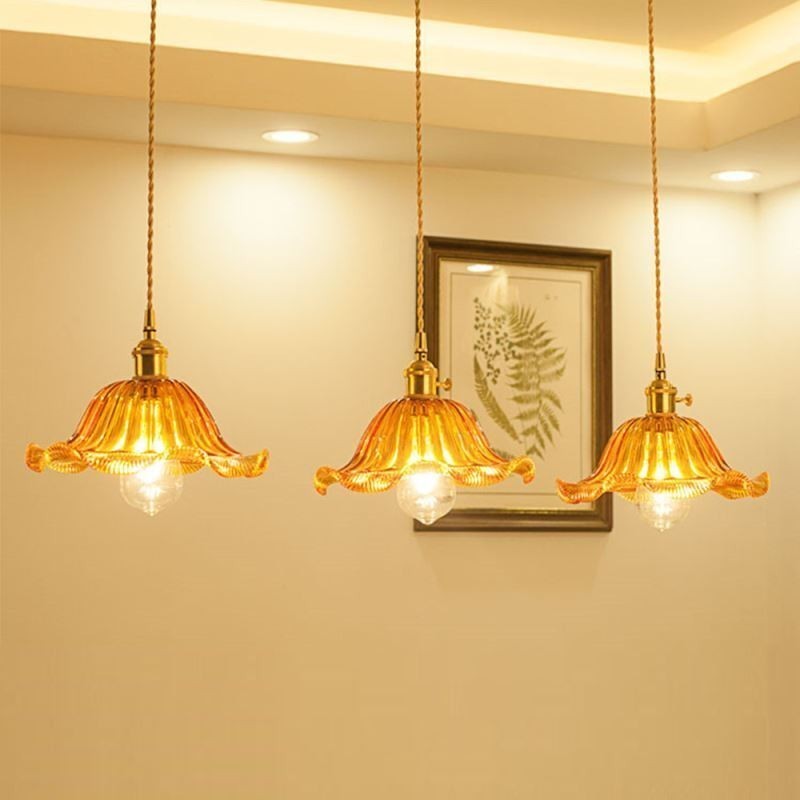 Vintage Colorful Ribbed Glass Pendant Light Flower Shade Lamp With Twist Switch Light