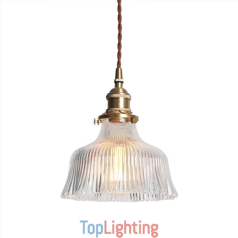 Dome Large Clear Ribbed Glass Pendant Light with Brass Holder Twist Switch