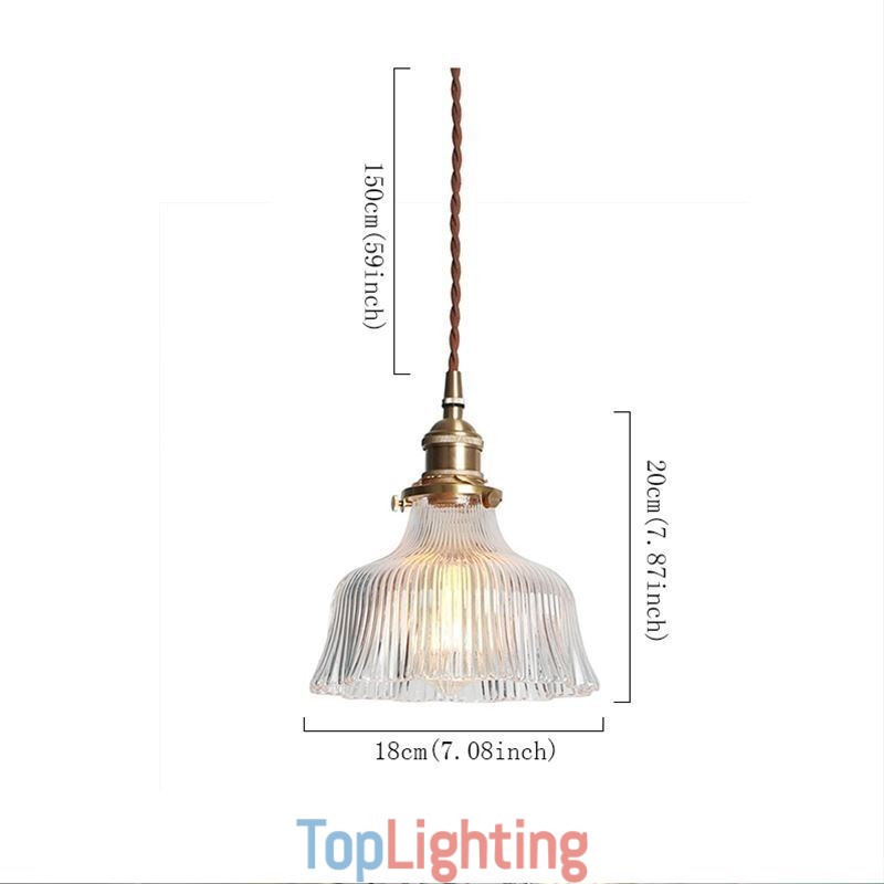 Dome Large Clear Ribbed Glass Pendant Light with Brass Holder Twist Switch