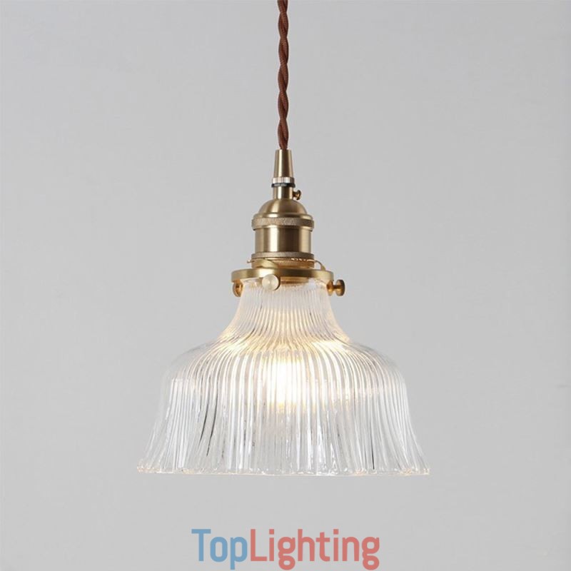 Dome Large Clear Ribbed Glass Pendant Light with Brass Holder Twist Switch