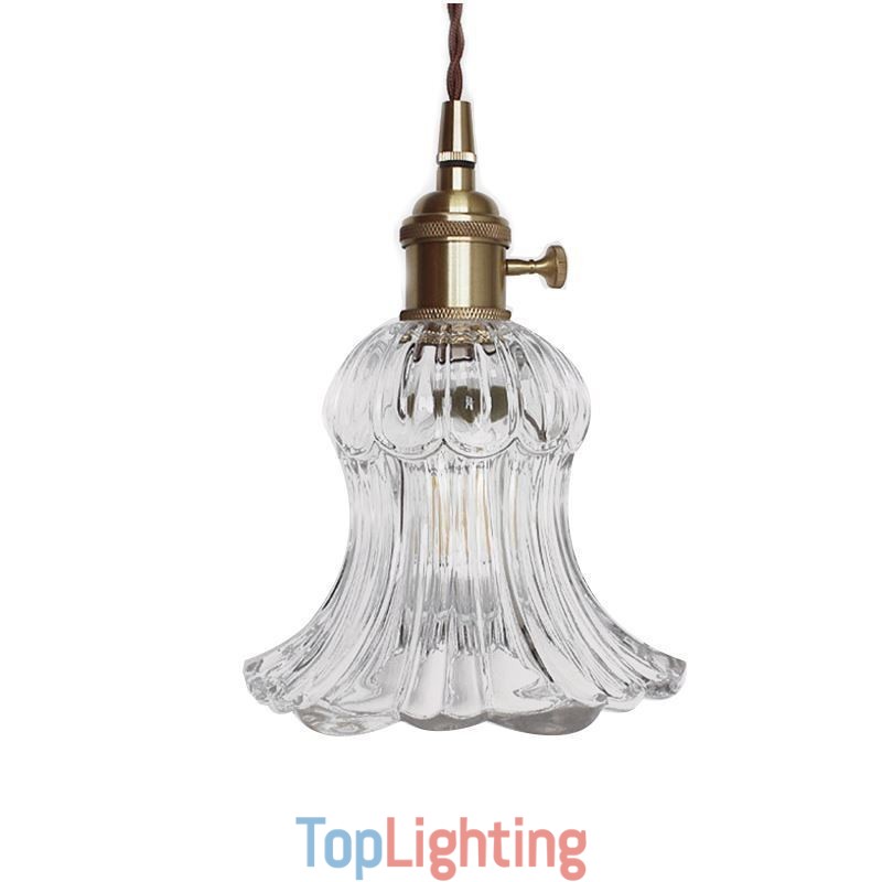 Clear Ribbed Glass Pendant Light Flower Shape Lamp With Twist Switch