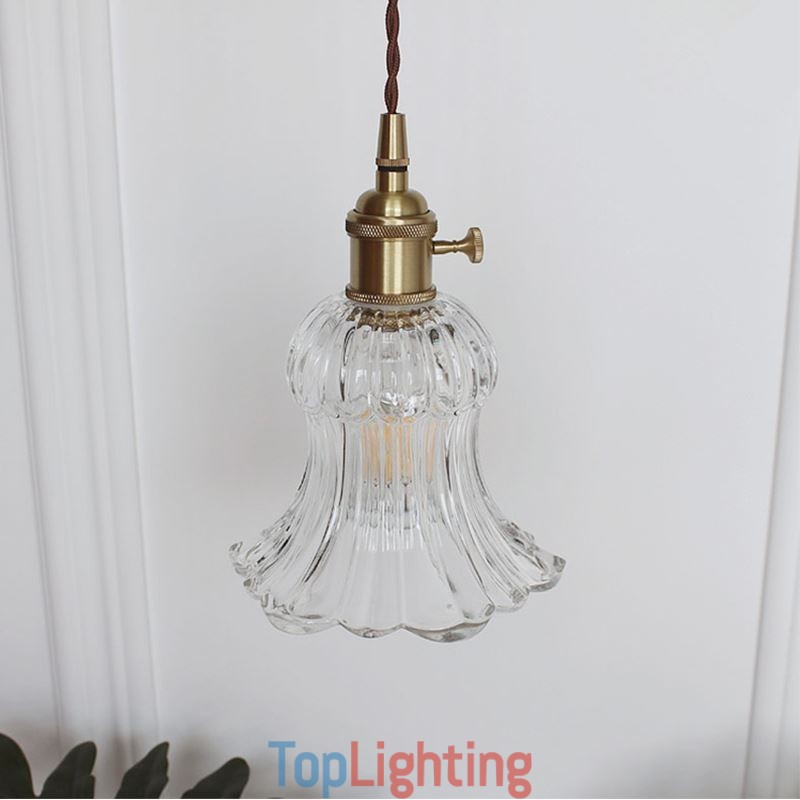 Clear Ribbed Glass Pendant Light Flower Shape Lamp With Twist Switch