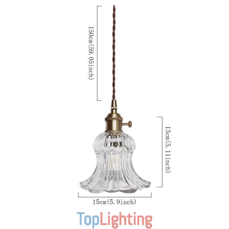 Clear Ribbed Glass Pendant Light Flower Shape Lamp With Twist Switch