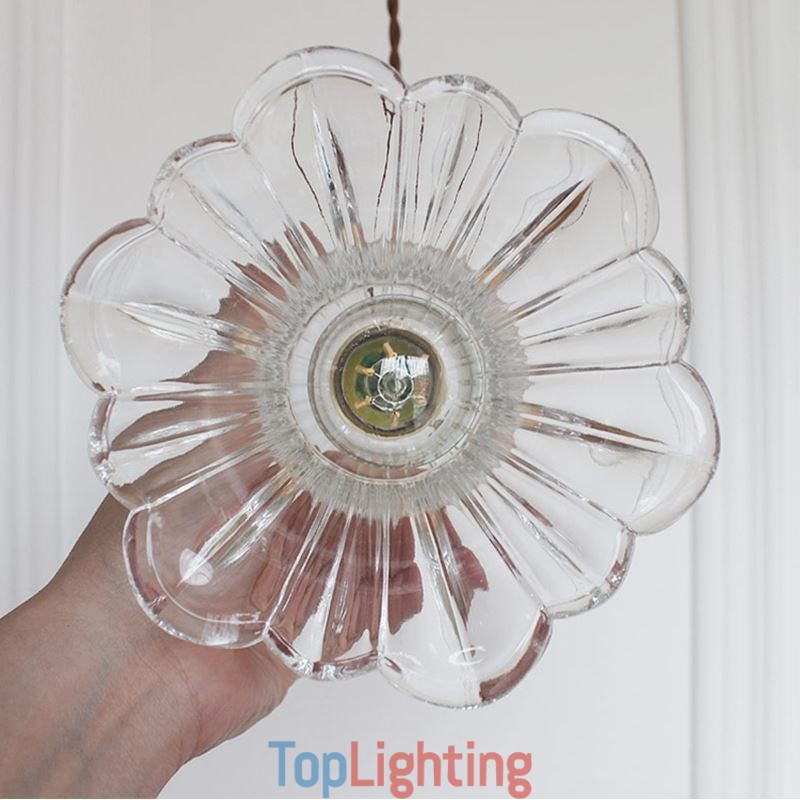 Clear Ribbed Glass Pendant Light Flower Shape Lamp With Twist Switch