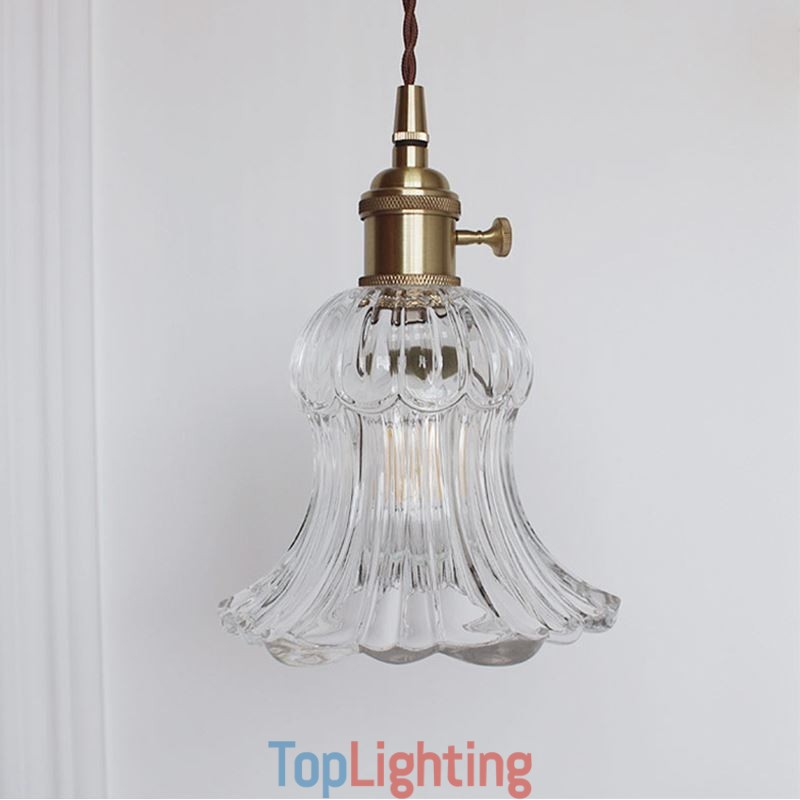 Clear Ribbed Glass Pendant Light Flower Shape Lamp With Twist Switch