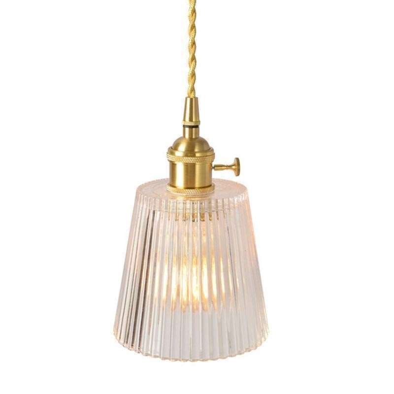 Brass Ribbed Glass Pendant Light Cone Shade With Twist Switch