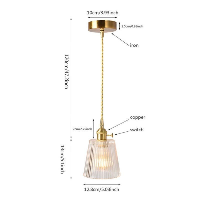 Brass Ribbed Glass Pendant Light Cone Shade With Twist Switch
