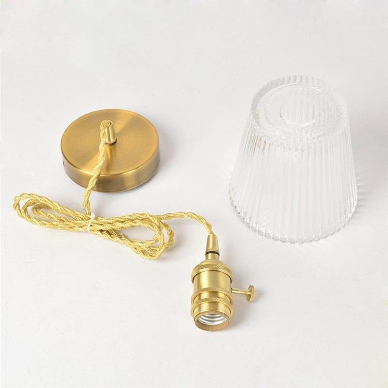Brass Ribbed Glass Pendant Light Cone Shade With Twist Switch